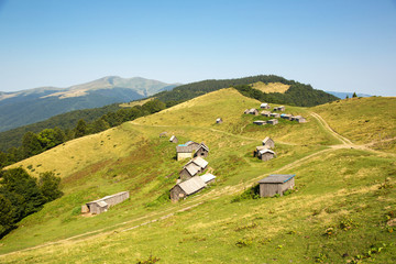 Fototapeta na wymiar Beautiful sunny day in Carpathian Mountains. Village in mountains. Green meadows, forests and little houses in mountains. Bright rural landscape.