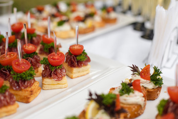Close-up of wedding reception with tasty sandwiches and canapes made of sausage, parsley and tomatoes with cream cheese. Canapes on white ceramic plates at wedding reception.