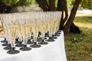 Close-up of many flutes of champagne or other fizzy drink with toasts with vegetables and cream cheese at wedding reception or banquet. Festive reception.