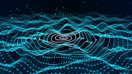 Abstract wave dots in dark background. Data technology background. 3d rendering.