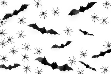 Stylish Halloween design. Bats and spiders on white background top view pattern