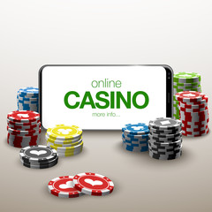 illustration Online Poker casino banner with a mobile phone, chips, playing cards and dice. Marketing Luxury Banner Jackpot Online Casino with New model Smartphone. Empty advertising poster.