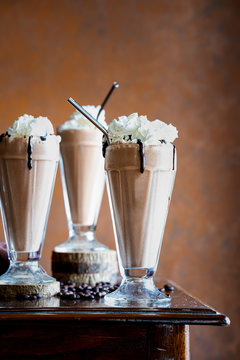 Homemade Mocha Frappe with Whipped Cream and Chocolate Sauce.