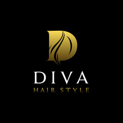 Golden Woman Hair Silhouette with initial Letter D Diva for beauty shampoo salon Haircut Hairstyle logo design - obrazy, fototapety, plakaty