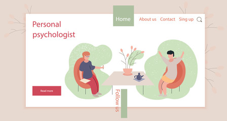 Personal psychologist. Young girls are seated at table. Conversation with psychologist. Recording story. Landing page. Vector. People in cartoon and flat style. Web page.