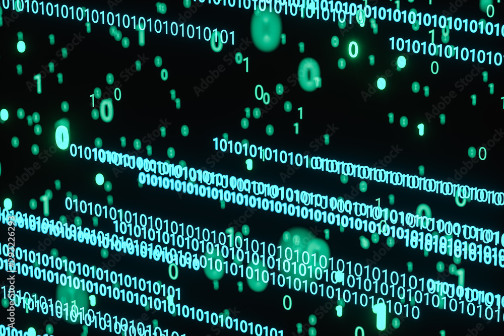 Poster glowing binary digit with dark background, 3d rendering