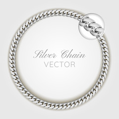 3D Realistic vector silver wrist chain. Silver chain round wreaths for use as a decorative element. Luxury background.