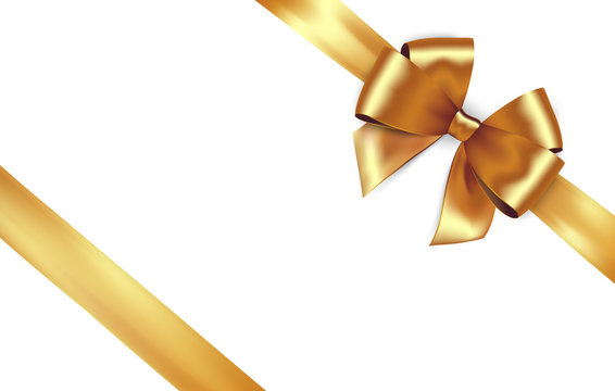 Shiny Golden Satin Ribbon. Vector Gold Bow For Design Discount Card