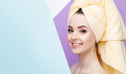 Young beautiful woman with healthy glow perfect smooth skin. Model with natural nude make up with...