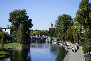 Bydgoszcz, Poland - September 2019: View of the city water canal of the Brda River in the city center. City architecture.