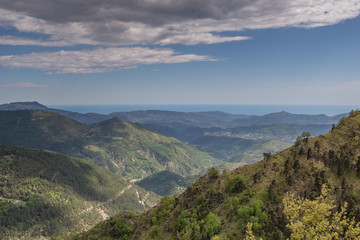 Fototapeta na wymiar Landscapes of the French Alps, mountains, peaks, approximately 1,500 meters above sea level. Cote d'Azur, near the ski town of Col de Turini (Le col de Turini)