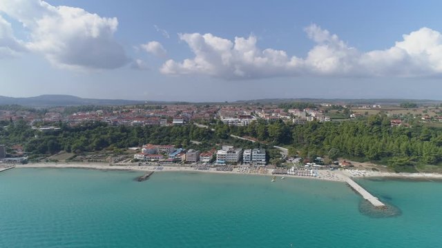 Aerial view of Kallithea village. During the summer, Kallithea is the most popular village in Halkidiki, Greece. 4K