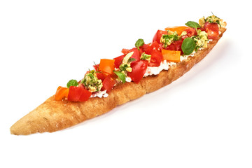 Italian Bruschetta with cottage cheese, tomatoes, garlic and herbs. Spanish Tapas and Pinchos, isolated on white background