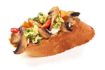 Bruschetta with cottage cheese, tomatoes, champignon mushrooms, garlic. Spanish Tapas and Pinchos, isolated on white background