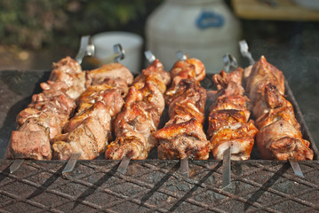 Slice pieces of meat on the grill. barbecue at the festival. Cheese and roasted veal on skewers.