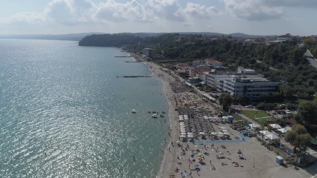 Aerial view of Kallithea village. During the summer, Kallithea is the most popular village in Halkidiki, Greece. 4K