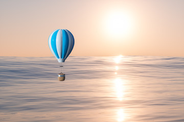 Hot air balloon flying over the ocean, 3d rendering.