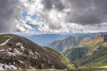 Landscapes of the French Alps, mountains, peaks, altitude of about 1000 meters above sea level