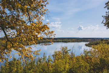 View of the river Vyatka in Kirov, Russia. Sunny autumn day. Beautiful landscape.