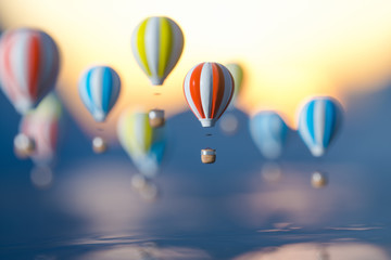 Fototapeta na wymiar Hot air balloon flying over the ocean, 3d rendering.