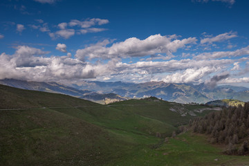 Landscapes of the French Alps, mountains, peaks, altitude of about 1000 meters above sea level