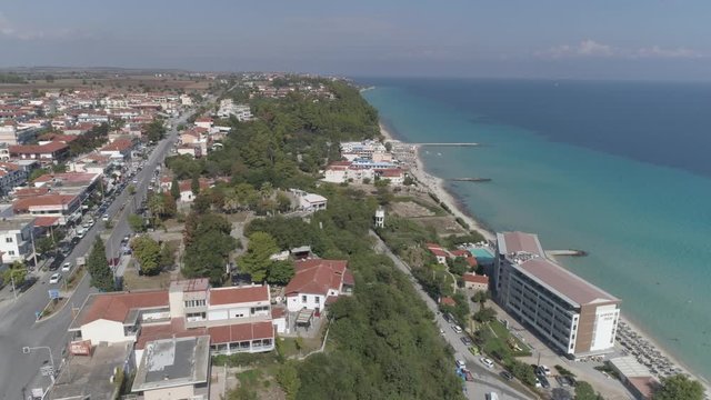 Aerial view of Kallithea village. During the summer, Kallithea is the most popular village in Halkidiki, Greece. 4K