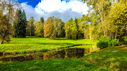 Golden colours of autumn park. Landscape with river and trees.