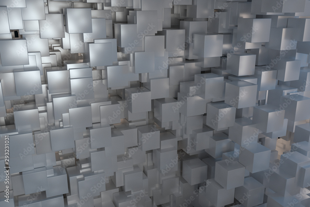 Poster the room made of cubes, in three-dimensional space, 3d rendering.