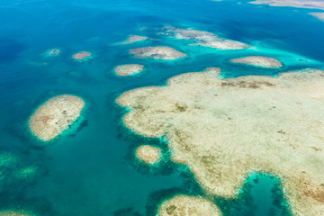 Fototapeta na wymiar Coral reefs and lagoons, top view. Atolls and turquoise sea water. Sea surface.