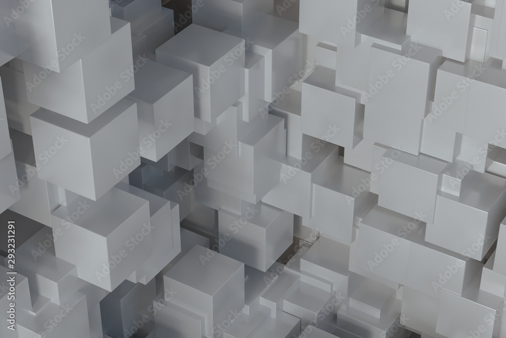 Poster the room made of cubes, in three-dimensional space, 3d rendering.