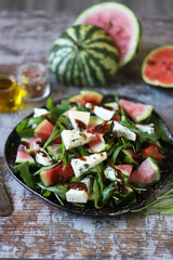 Healthy salad with blue cheese, watermelon and arugula. Healthy food. Keto diet.