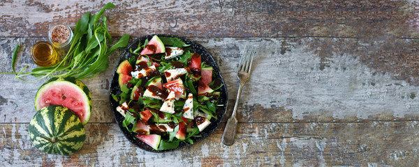 Healthy salad with blue cheese, watermelon and arugula. Healthy food. Keto diet.