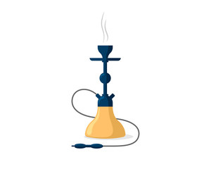 Smoking hookah emblem. Shisha banner. Nargile Hubbly Bubbly smoke pipe and relaxation. Lounge cafe bar and menu hooka flat illustration