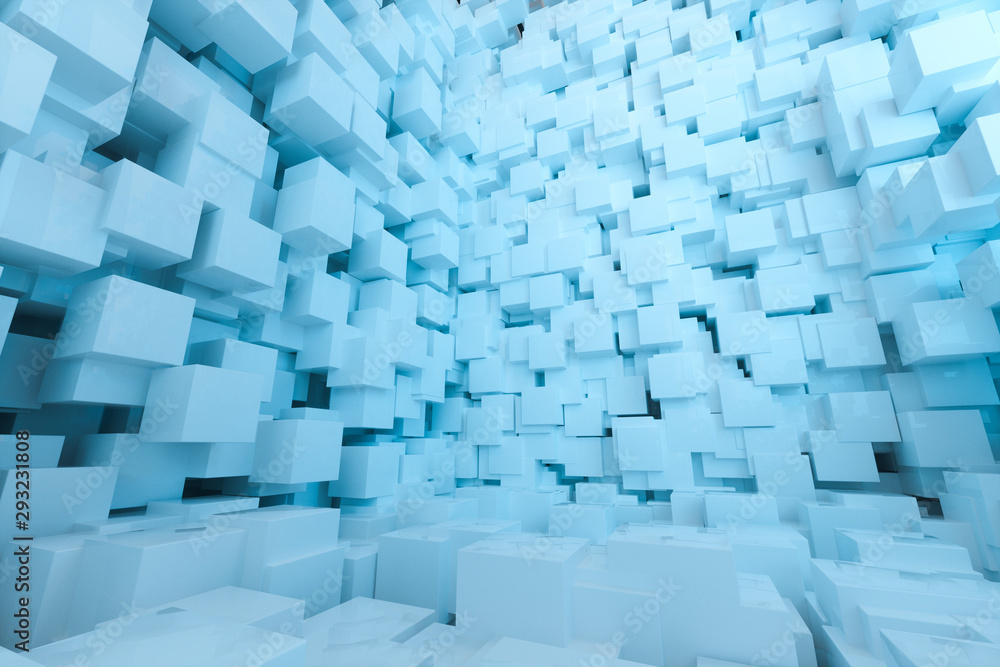 Poster the room made of cubes, in three-dimensional space, 3d rendering.