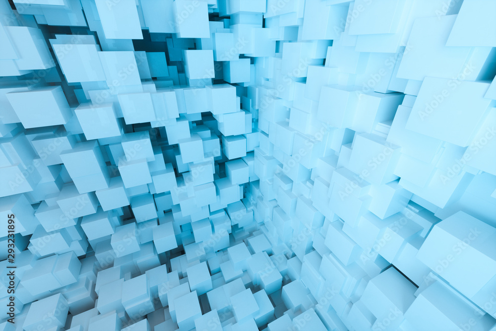 Poster the room made of cubes, in three-dimensional space, 3d rendering.
