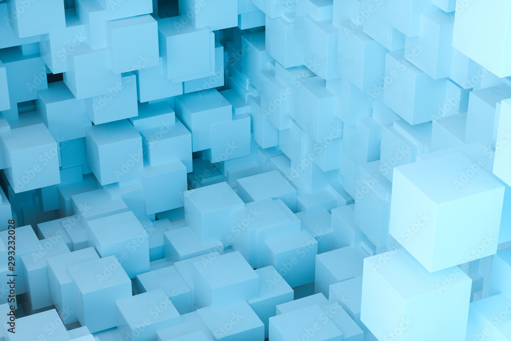 Poster the room made of cubes, in three-dimensional space, 3d rendering.