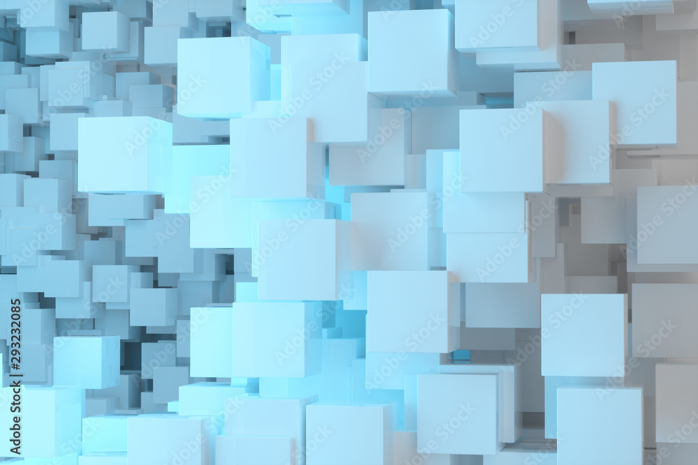 Poster the room made of cubes, in three-dimensional space, 3d rendering.