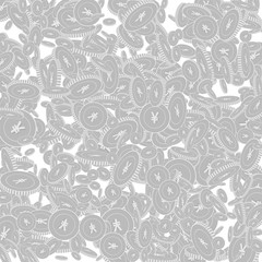 Chinese yuan coins falling. Scattered black and wh