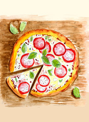 Watercolor vegetarian pizza with tomatoes