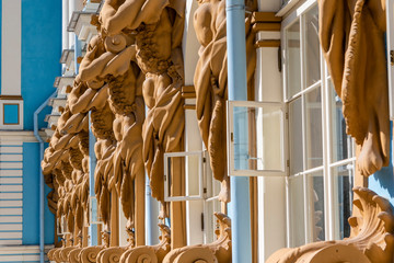 Male nude statues on the facade of Catherine Palace in Pushkin, St Petersburg, Russia