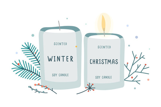 Soy candle in glass jar decorated with fir branches, soy wax scented with christmas and winter mood scent. Idea of hygge comfort and coziness. Hand drawn vector illustration.