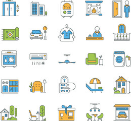 Apartment amenities color icons set. Household appliance and furniture, furnishing. Interior design items. Hotel services. Dry cleaning, parking zone facilities. Isolated vector illustrations