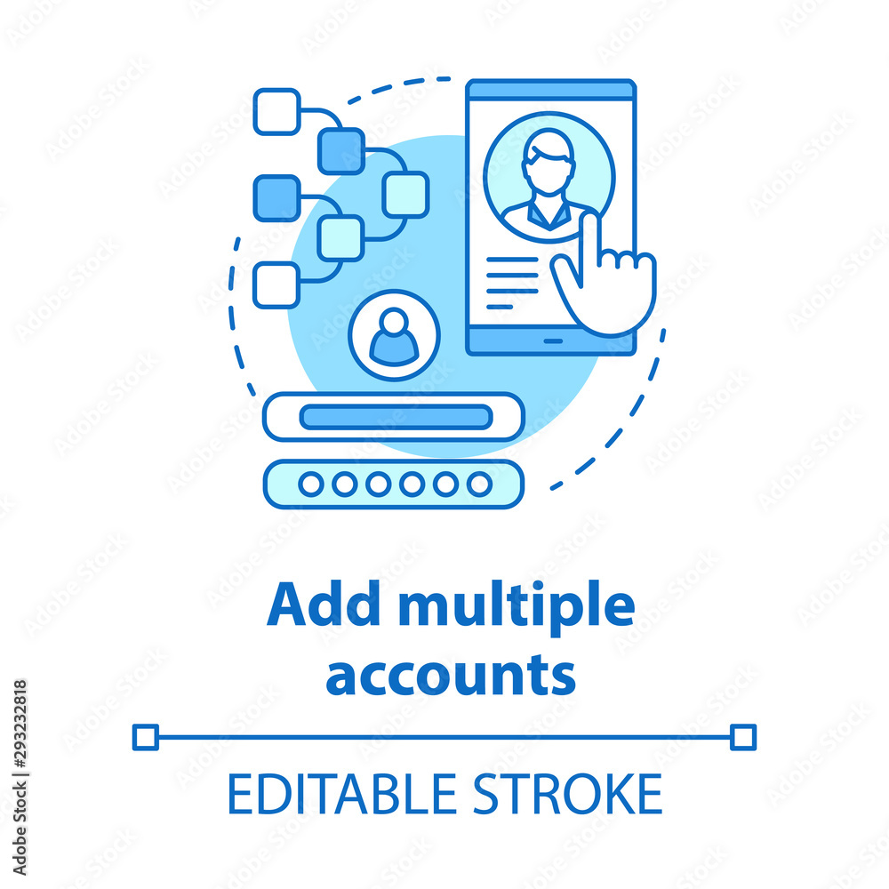 Poster add multiple accounts blue concept icon. create new user profile idea thin line illustration. webpag