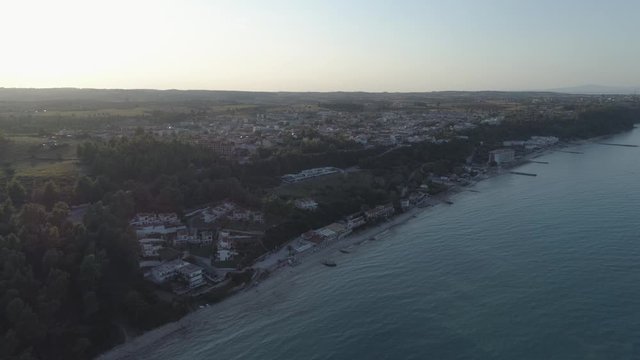Aerial view. Big resort complex located by the coast of Mediterranean Sea. Resort complex located next to Kallithea village, Greece4K