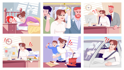 Everyday stress flat vector illustrations set. Tired office worker, boss screaming on employee. Yelling driver, multitasking mother with son, waking up in morning cartoon characters. Routine anxiety