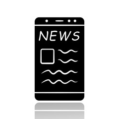 Online news drop shadow black glyph icon. Electronic newspaper mobile app. Getting actual information. Reading about latest events in social media on smartphone. Isolated vector illustration