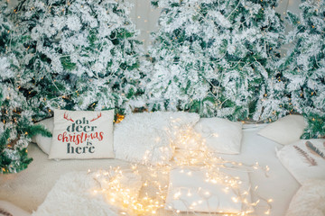 Christmas tree background. Beautifully decorated house.