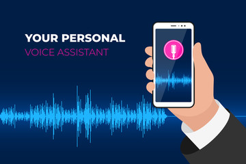Personal assistant and voice recognition mobile app. Hand holding smartphone with microphone button on screen and speech soundwave. Sound wave intelligent technology vector illustration