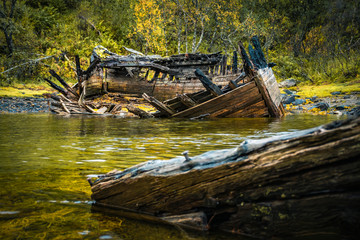 Stranded wooden shipwreck at Austnesfjorden