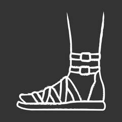 Gladiator sandals chalk icon. Woman stylish footwear design. Female casual shoes, modern summer flats with ankle strap side view. Fashionable ladies apparel. Isolated vector chalkboard illustration